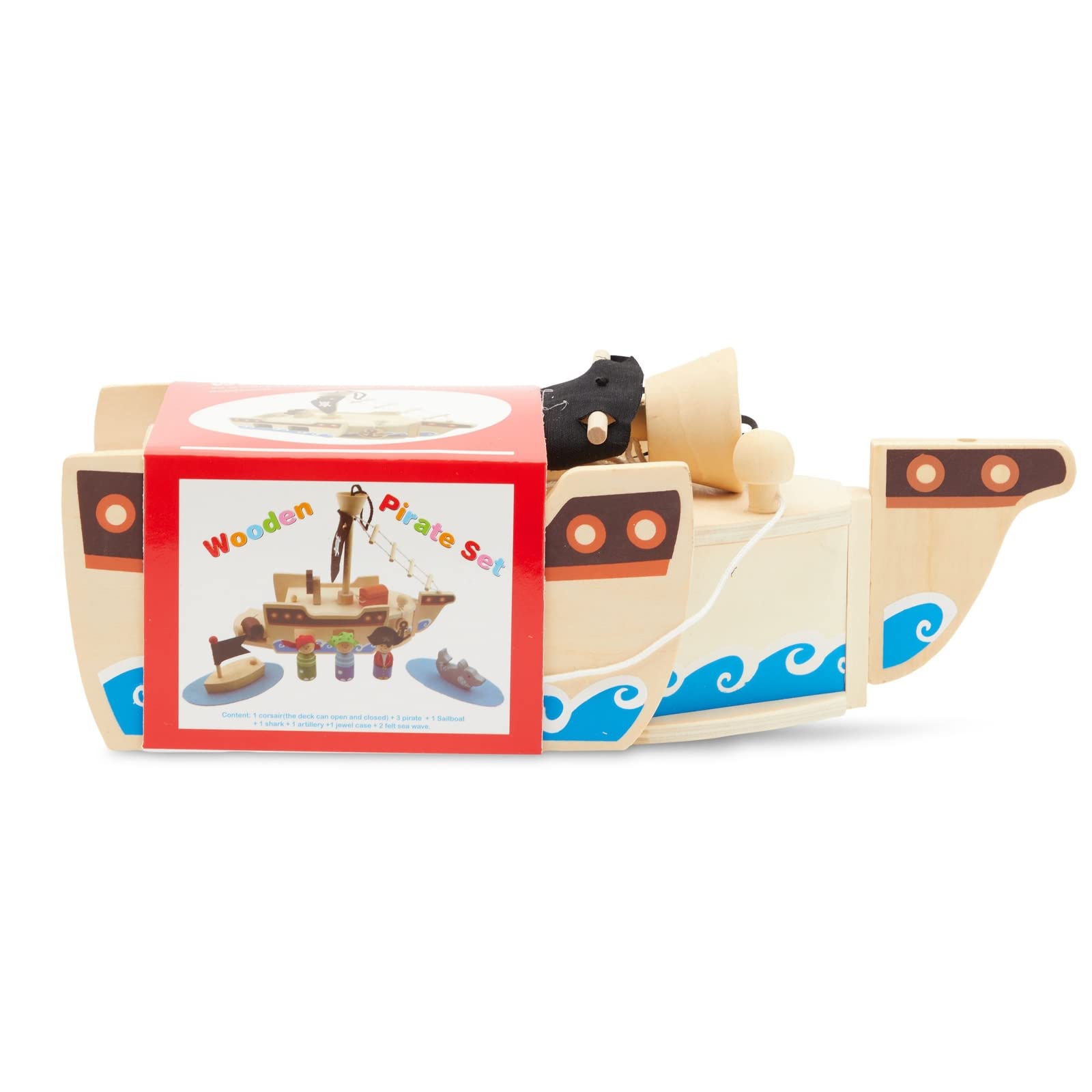 BLUE PANDA Wooden Pirate Ship Toy Playset for Kids with Shark Figurine, Boat & 11 Pieces - Pirate Toys for Age 3 and Above