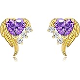 Gold Heart Earrings 10k Gold Amethyst Angel Wings Heart Stud Earrings Jewelry Christmas Gifts for Women