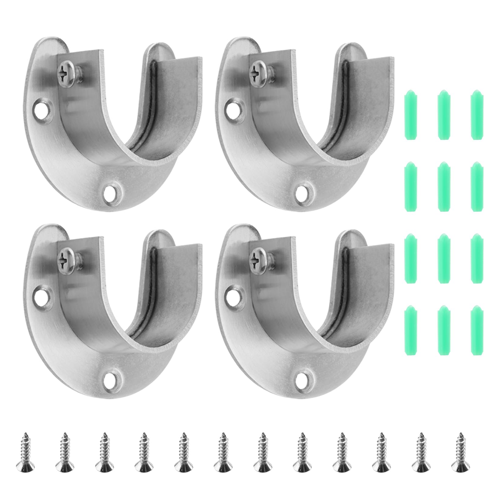 CHEUKYIU Set of 4 Clothes Rail Holders, Round Tube Brackets, Stainless Steel, for Wardrobe, Balcony, Bathroom, 28 mm Diameter, Silver, with 12 Screws and 12 Rubber Stoppers