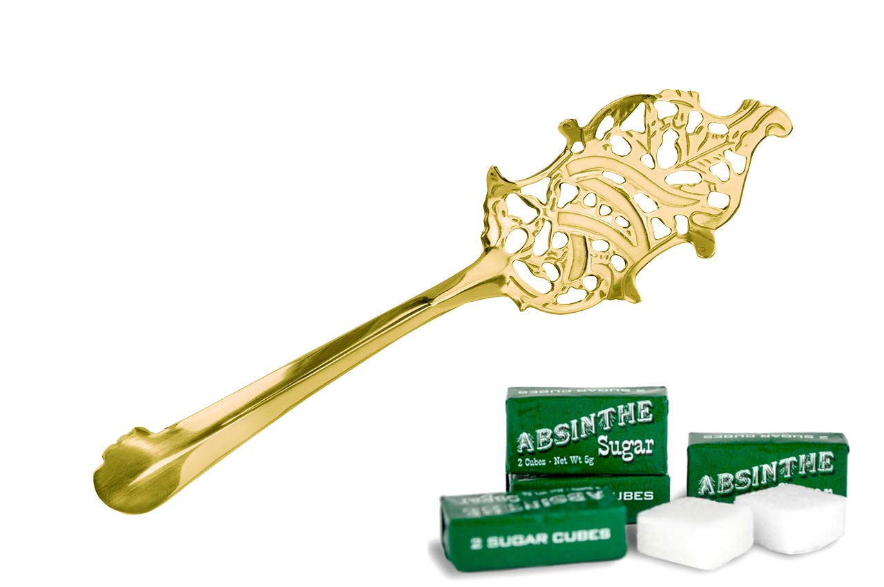 Bonnecaze Absinthe & Home Gold Plated Absinthe Leaf Spoon and 10 Pieces of Sugar