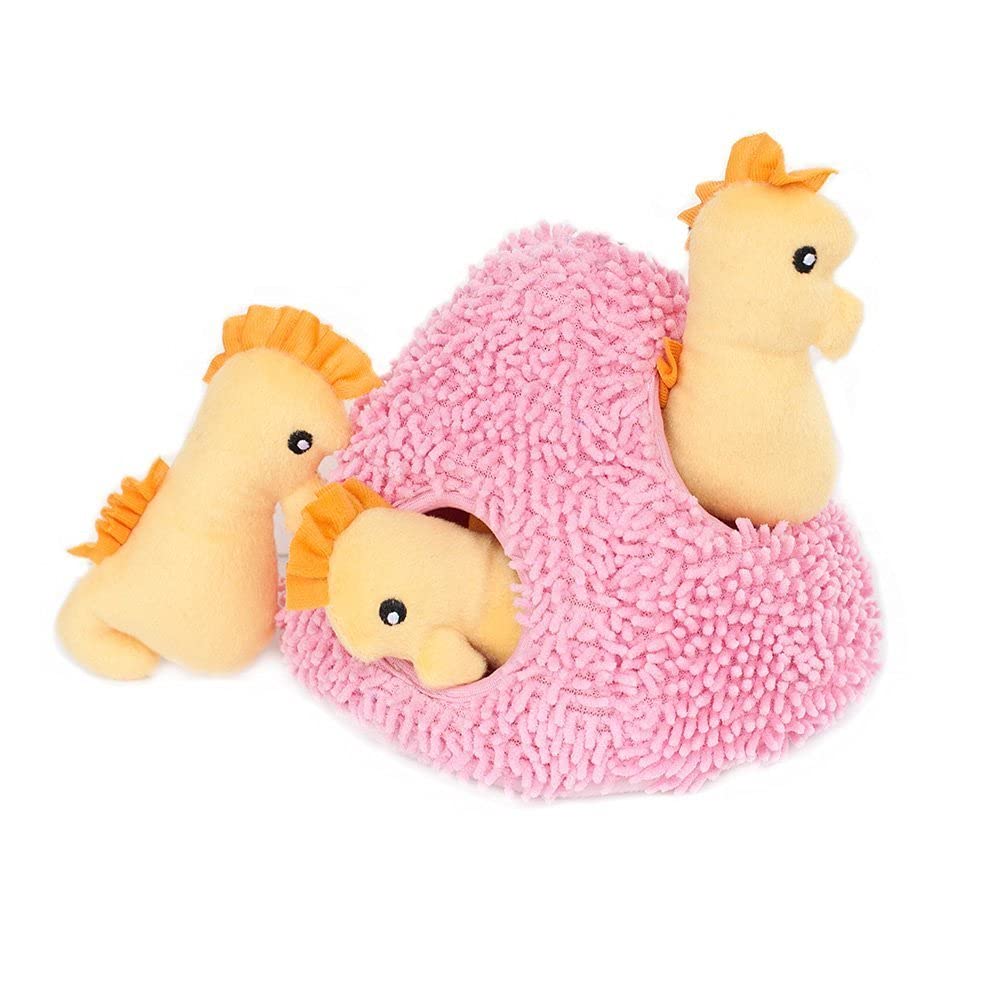 ZippyPaws - Sea Buddies Burrow, Interactive Squeaky Hide and Seek Plush Dog Toy - Seahorse ‘n Coral
