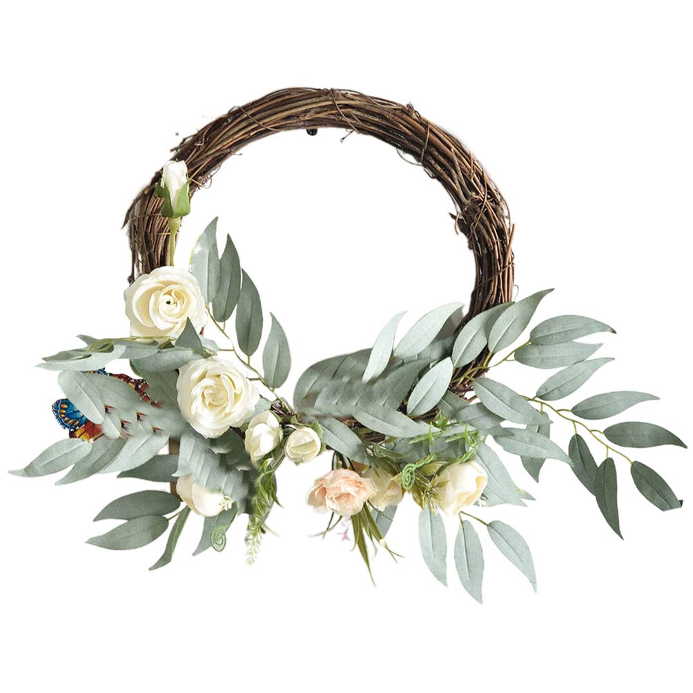 PRETYZOOM Artificial Rose Wreath Spring Summer Rattan Garland Front Door Wreath Decorative for Home Indoor Outdoor Wedding Wall Hanging Ornament (Green)