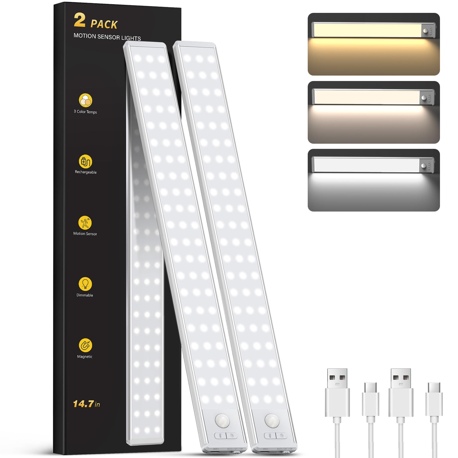 Under Cabinet Lighting with 3 Color Temps - 14.7" Motion Sensor Light Indoor, Magnetic Wireless Closet Lights, Dimmable Led Light, Rechargeable Under Counter Lights for Kitchen, Bedroom, Stair, 2 Pack Image