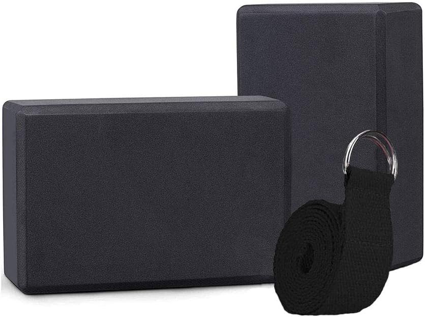 OUYUI Yoga Block 2 Pack, High Density EVA Foam Yoga Brick and 1 Yoga Strap Set (Black)