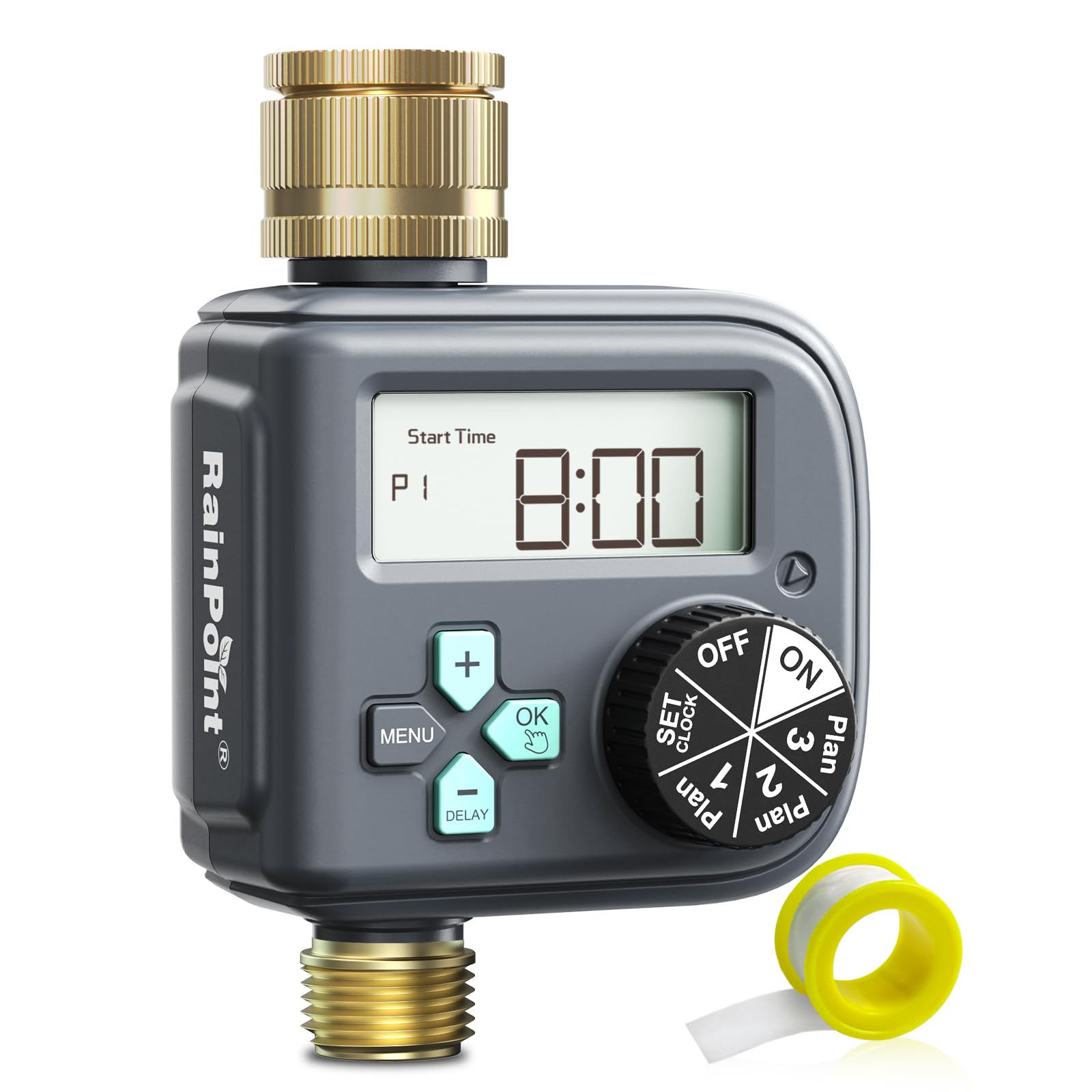 RAINPOINT Water Timer with Brass Inlet and Outlet, 3 Independent Programs, Rain Delay, Hose Sprinkler Timer with Daily/Weekly/Monthly Watering Mode for Garden/Lawn/Pool