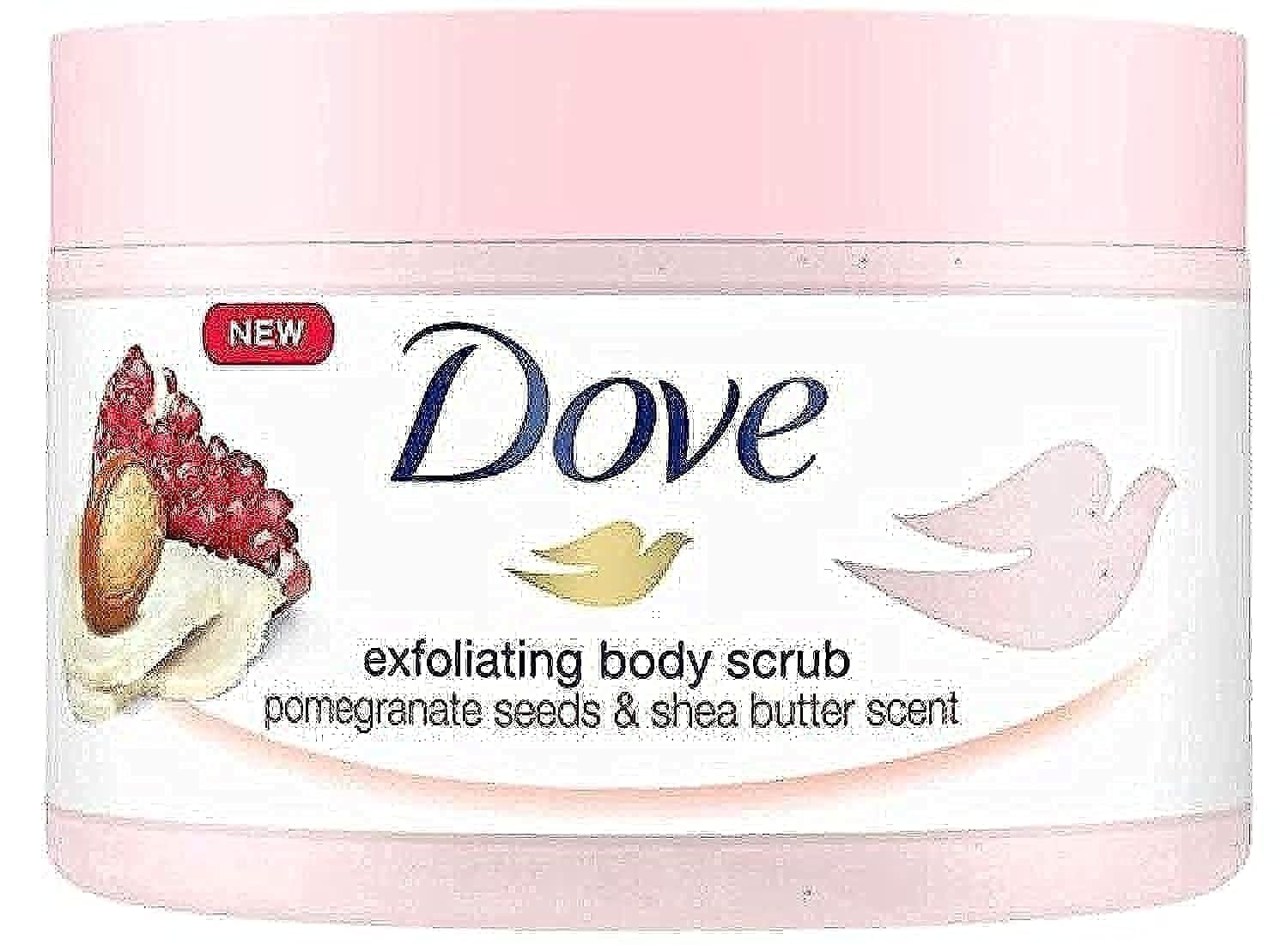 Dove Exfoliating Body Scrub Pomegranate Seeds and Shea Butter Scent Gentle Moisturising Scrub for Smooth, Soft Skin Removes Dead Skin Cells, Hydrates and Nourishes Suitable for Daily Use, 225ml