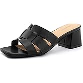 Lookyno Women's Square Open Toe Heeled Sandals Chunky Block Heel Slip On Dressy Sandal