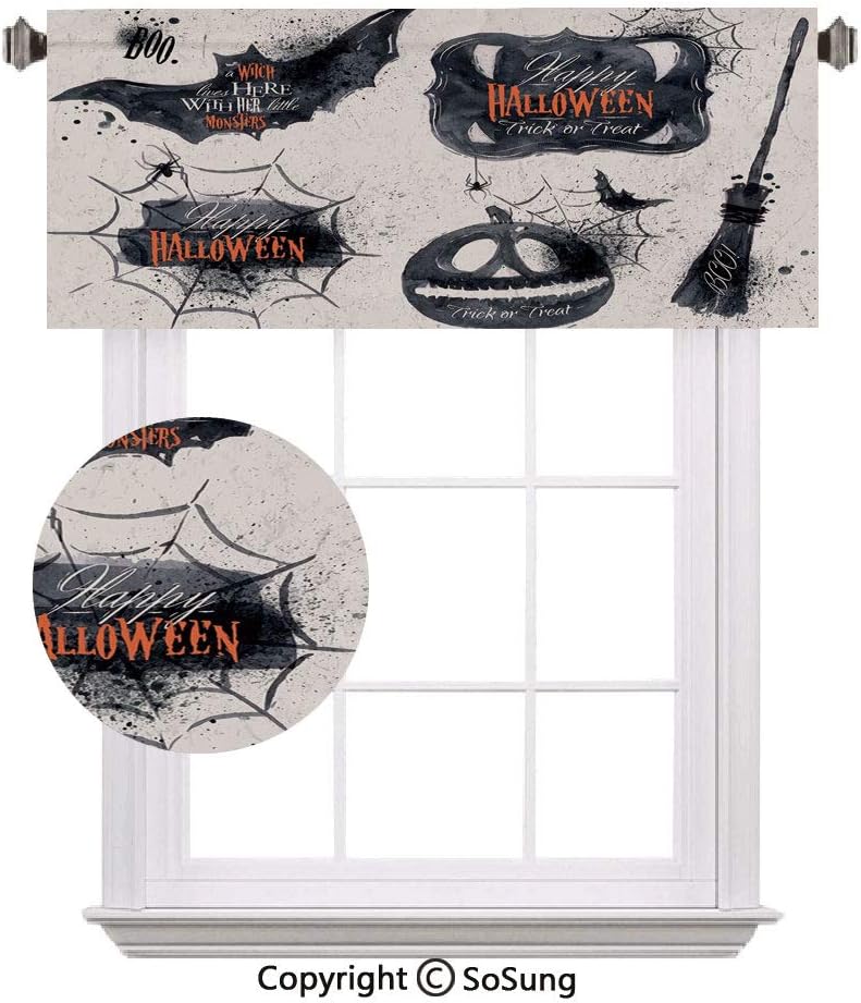 Vintage Halloween Blackout Valances,Halloween Symbols Happy Holiday Witch Lives Here Broomstick Spider Web Decorative Curtain Valance for Kitchen Bedroom Decor with Rod Pocket,52"x 18",Black White