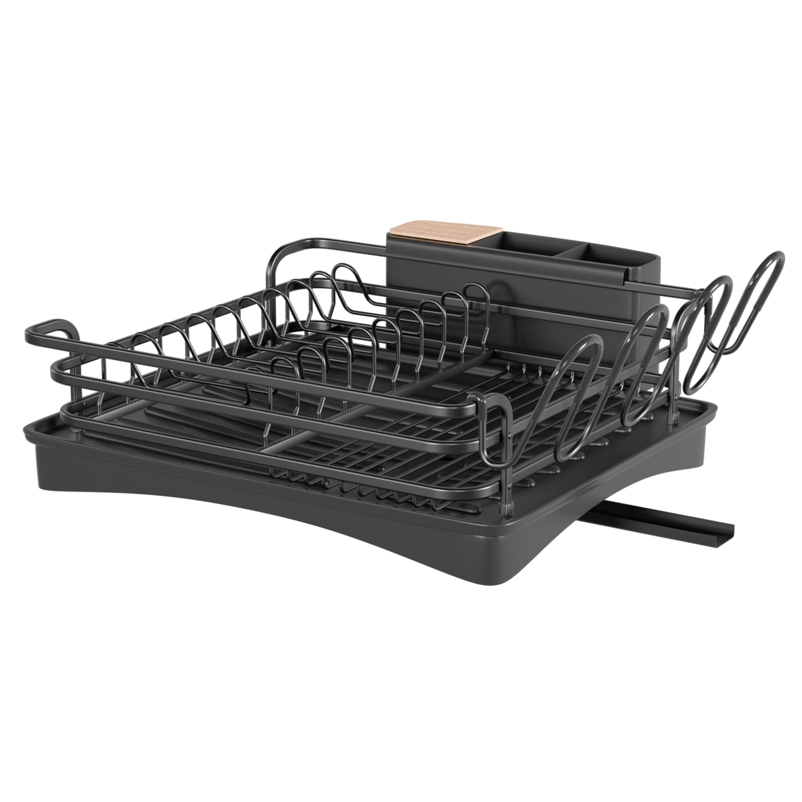 BRIAN & DANY Aluminum Dish Drying Rack, Dish Drainer with Removable Cutlery Holder & Cup Holder, Unique 360° Swivel Spout Drain Board, Black