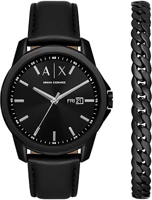Relógio masculino, movimento de quartzo de três mãos com data e caixa de 44 mm com bracelete em couro ou aço inoxidável, conjunto preto