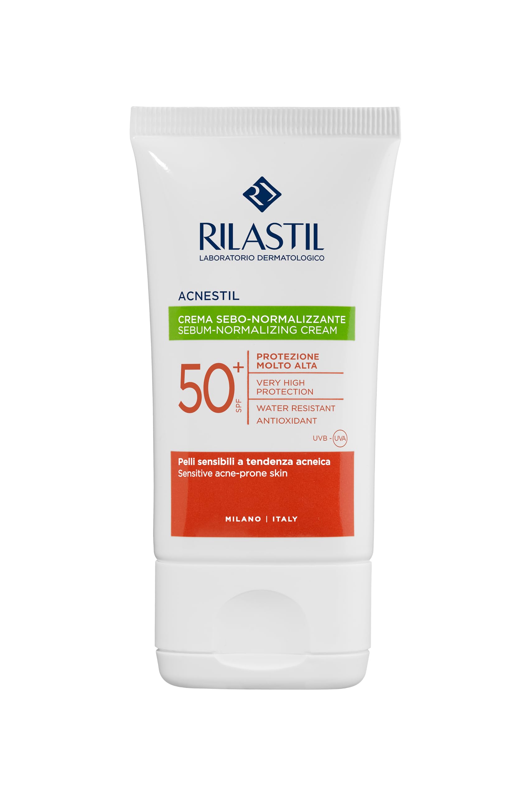 Rilastil Acnestil Sebo-Normalising Cream, Lenitive and Opacifying Action, Anti-Erythm, Acneica SPF 50+, Pack of 40 ml