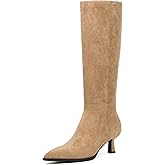 SUIARA Kitten Heel Knee High Boots Women-Pointed Toe Faux Leather Stiletto Side Zipper Long Tall Dress Boot