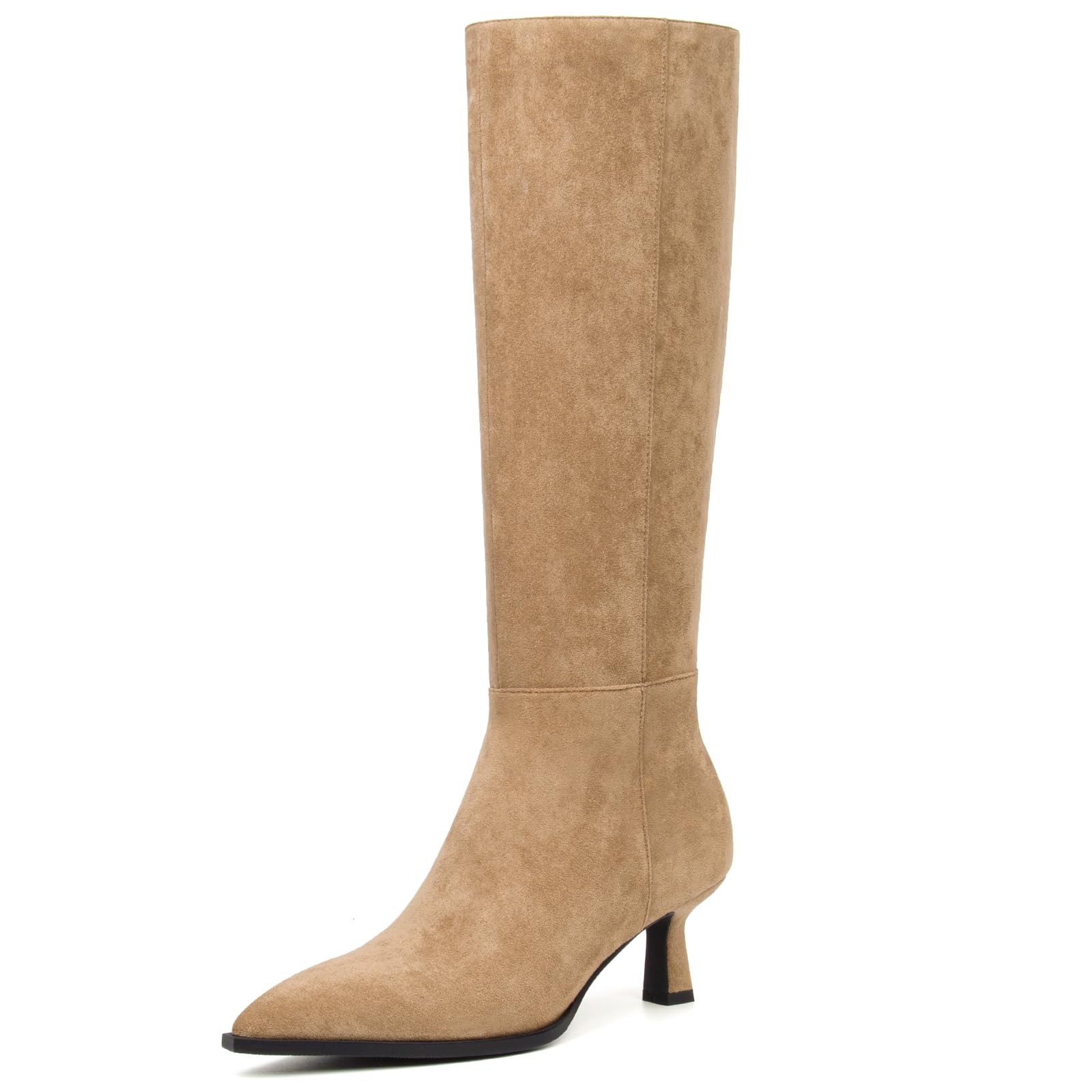SUIARA Tan Knee High Boots Women Kitten Heel Pointed Toe Faux Suede Leather