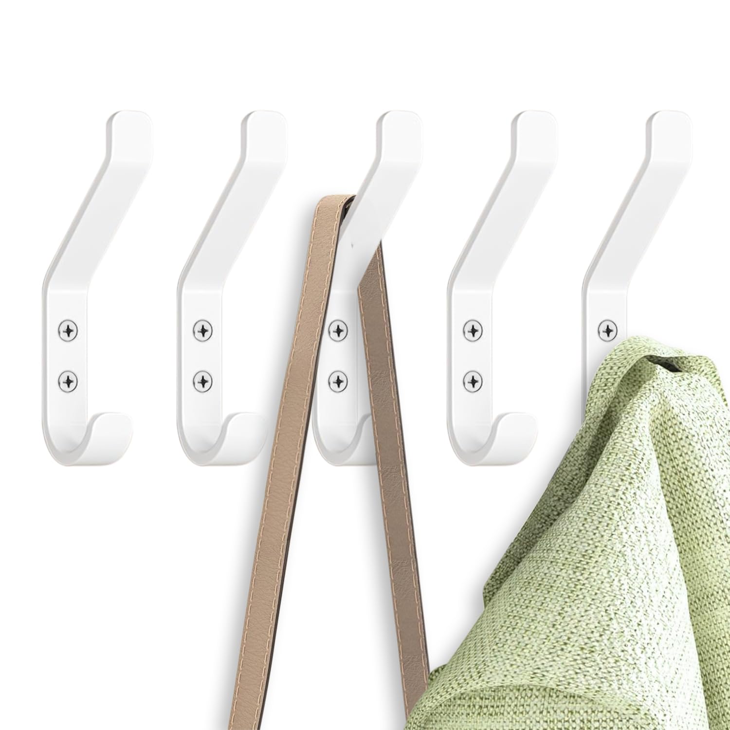 GlazieVault Satin Nickel Coat Hooks for Wall Pack 10 - Heavy Duty Coat Hooks Wall Mounted - Premium Design Wall Hooks Rust Free Door Hooks for Hanging (White Flat Hooks Pack 05)