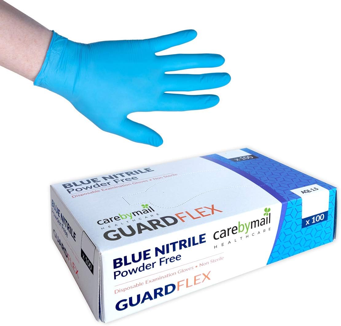CarebyMail Healthcare Blue Nitrile Disposable Gloves - Powder Free- Latex Free - Boxed x100 (Medium)