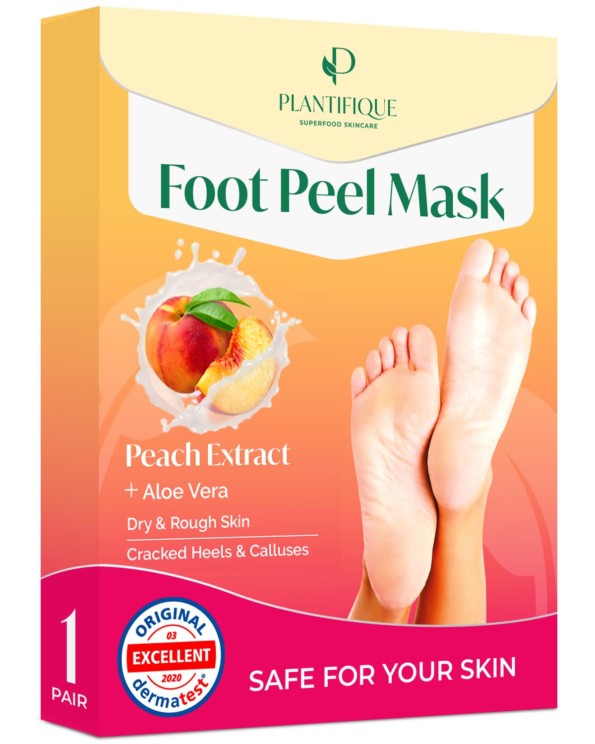 Plantifique Foot Peel Mask – 1 Pair Exfoliating & Dermatologically Tested Foot Treatment, Removes Dead Skin & Repairs Heels for Soft Feet – Peach Scent, Gift for Women & Men
