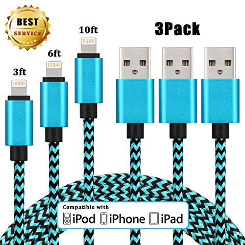 iPhone Charger, C-TOP 3Pcs 3ft 6ft 10ft Lightning to USB Nylon Braided iPhone Cable Cord Charger Compatible with iPhone 7/7 Plus/6s/6s Plus/6/6 Plus/5/5S/5C/SE/iPad and iPod