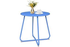 Babion Blue Outdoor Side Tables, Small Outdoor Table, Round Patio Side Table Steel, Small Accent End Table for Patio Yard Garden, Indoor & Outdoor