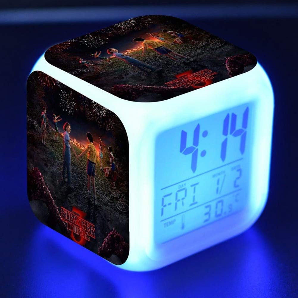 Raleighsee Stranger Things 3 Creative Colorful LED Discoloration Alarm Clock Square Three-Sided Printing Student Small Alarm Clock(H02)
