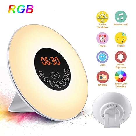 Lichtwecker, Wake Up Licht Wecker Beleuchtung mit 7 Naturgeräuschen,Sonnenaufgangfunktion,Snooze Funktion,FM Radio,10 einstel