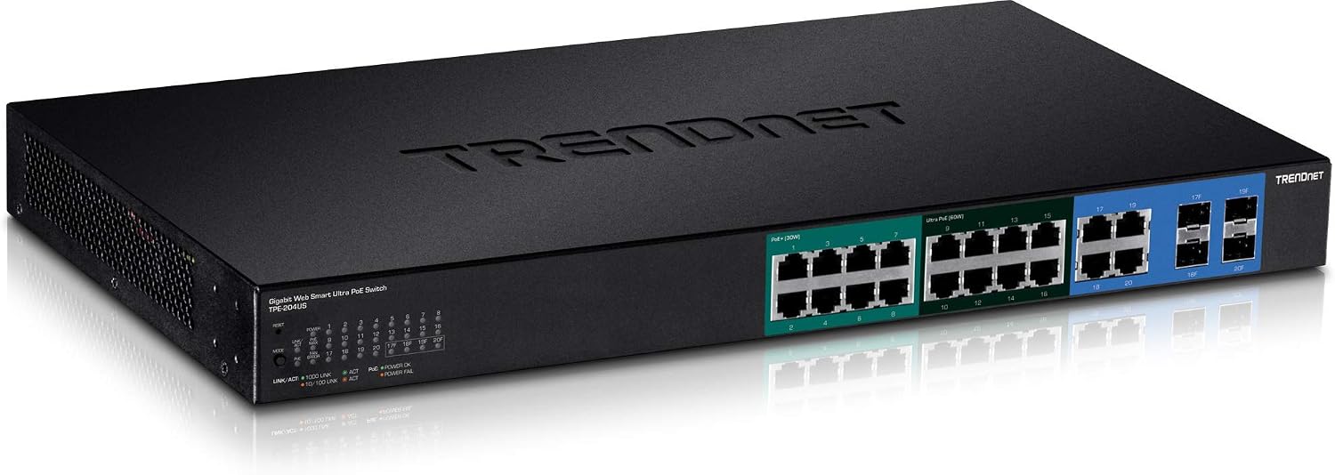 TRENDnet 20-Port Gigabit Web Smart Ultra PoE Switch with 8 x Gigabit UPoE Ports, 8 x Gigabit PoE+ Ports 4 Shared Gigabit Ports (RJ-45 or SFP), VLAN, QoS, IPv6 Support, 370W PoE Power Budget, TPE-204US