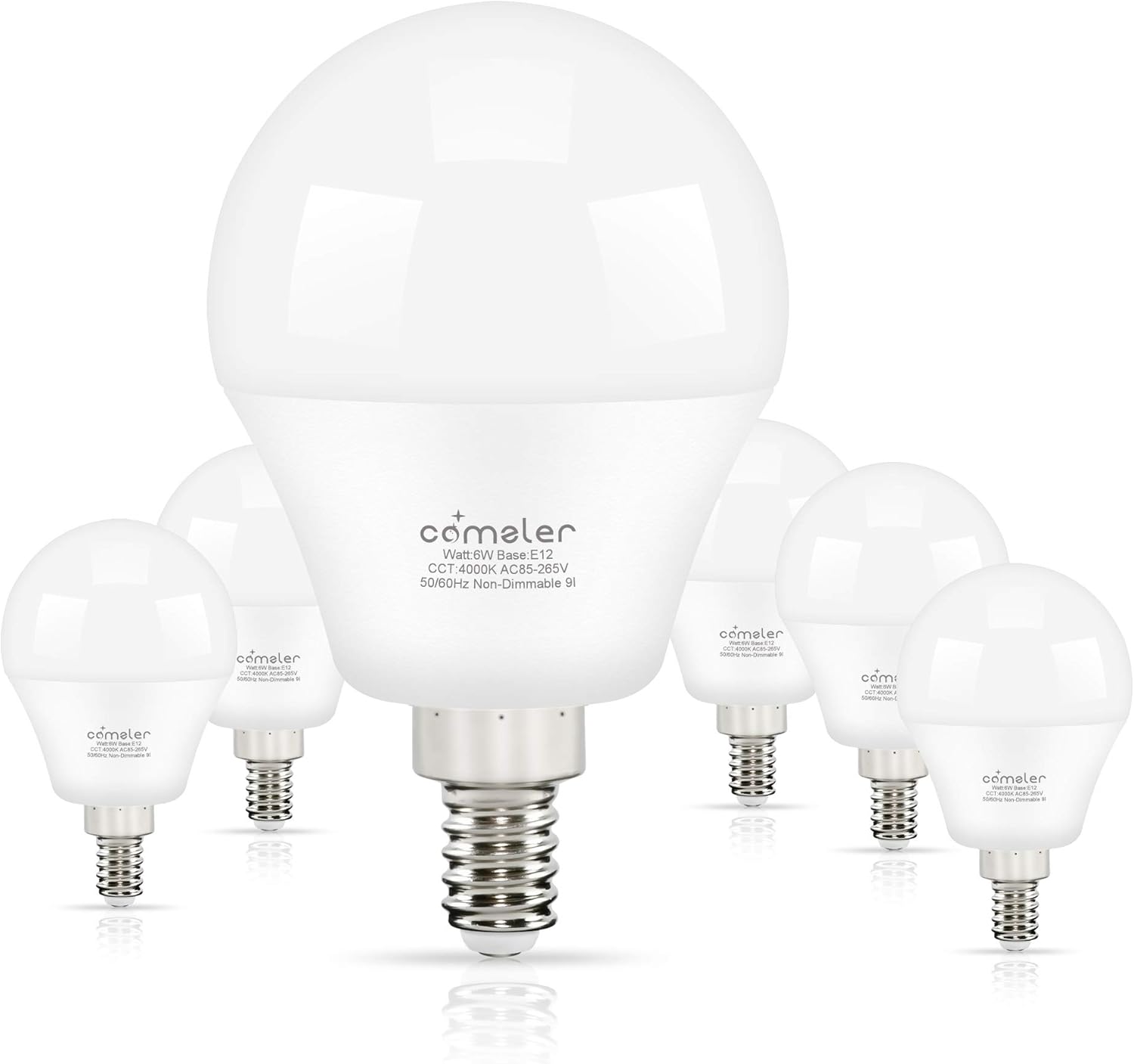 Comzler Ceiling Fan Light Bulbs Candelabra LED Bulbs - 60 watt Equivalent, 4000K Cool White Candelabra E12 Base G45 Globe Light Bulbs for Ceiling Fan,600lm,Non-Dimmable, Pack of 6