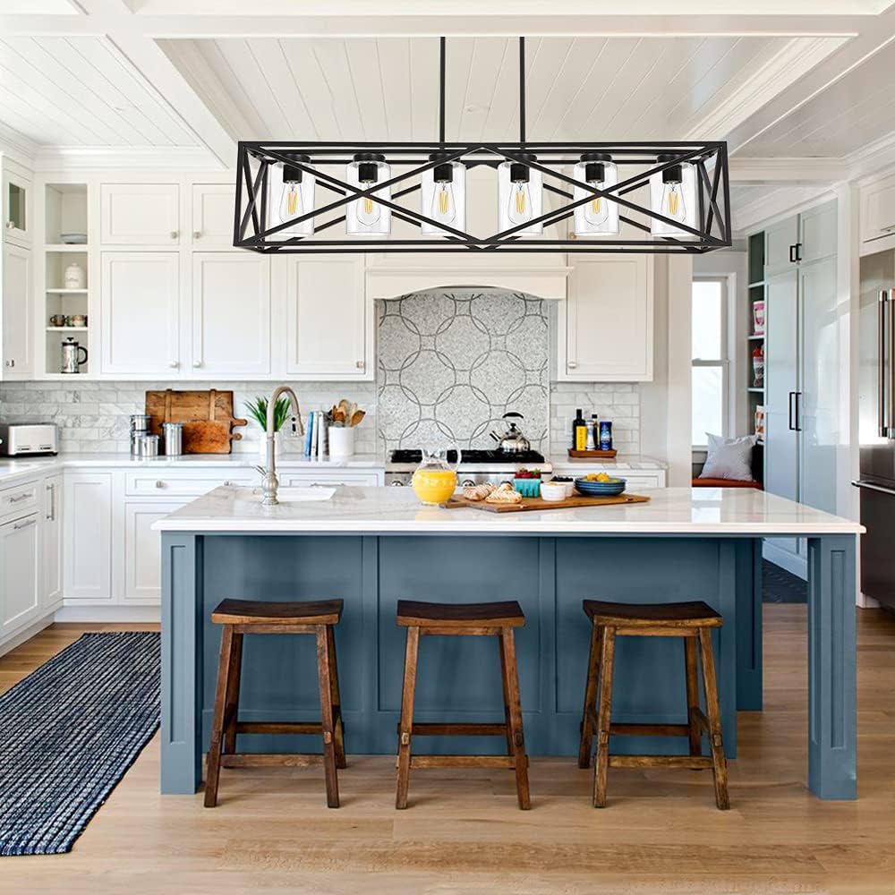 TODOLUZ 6-Lights Farmhouse Chandelier Black Dining Room Light Fixtures, 45.28" Contemporary Rectangle Kitchen Island Lighting with Clear Glass Shade: Home Improvement