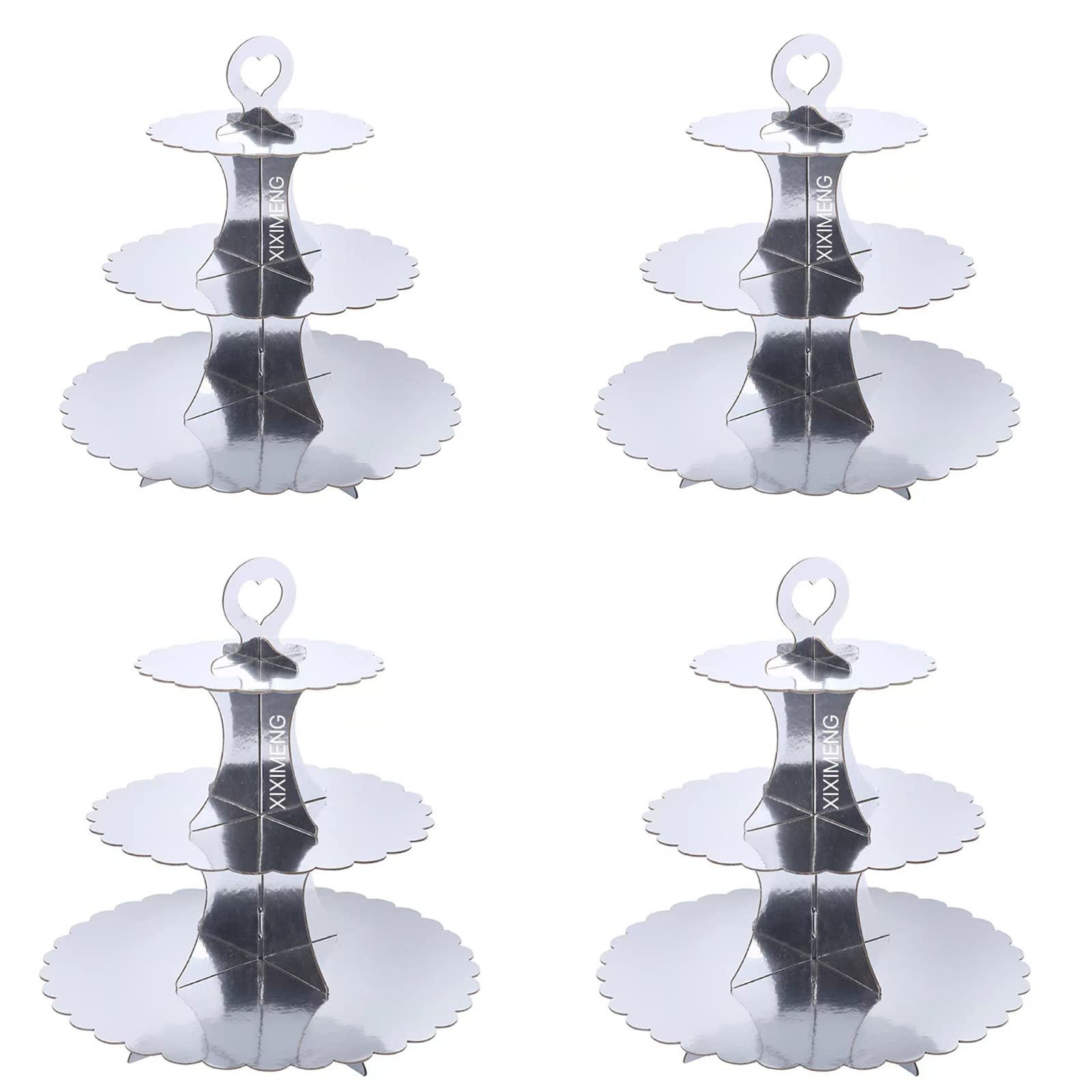 XIXIMENG 4 PACK Cardboard Cupcake Stand 3- Tier lace edge Dessert Stand, Cardboard Cupcake Stand (Silver)