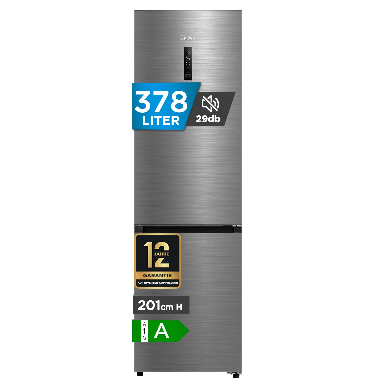 Midea MDRB521MGA46O Kühl-/Gefrierkombination/NoFrost/Besonders leise 29dB/Inverter Kompressor/Niedrigtemperaturzone/180° Verstellbare Gefrierfach-Schublade/201 cm hoch/256 L Kühlteil/122 L Gefrierteil