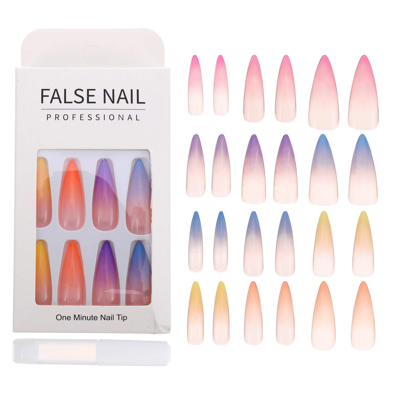 minkissy 24pcs Rainbow False Nail Gradient Color Press on Nails Tips Long Glossy Fake Full Cover DIY Nail Salon