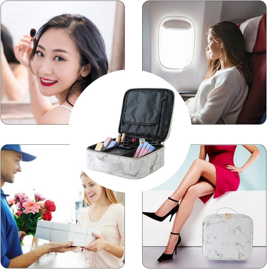 Gloriest Makeup Organizer Bag Travel Case Portable Cosmetic Storage Bag with Adjustable Dividers for Women Makeup Brush Tools Gadgets Gift, Marble White