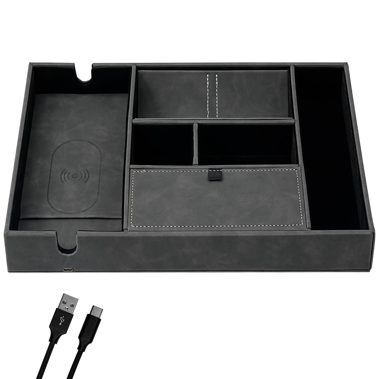 TRIXES Wireless Charging Tray, Multi-Compartment Desk or Nightstand Organiser Station with Charger - Phone, Wallet, Keys, Glasses, Watches and More - Grey