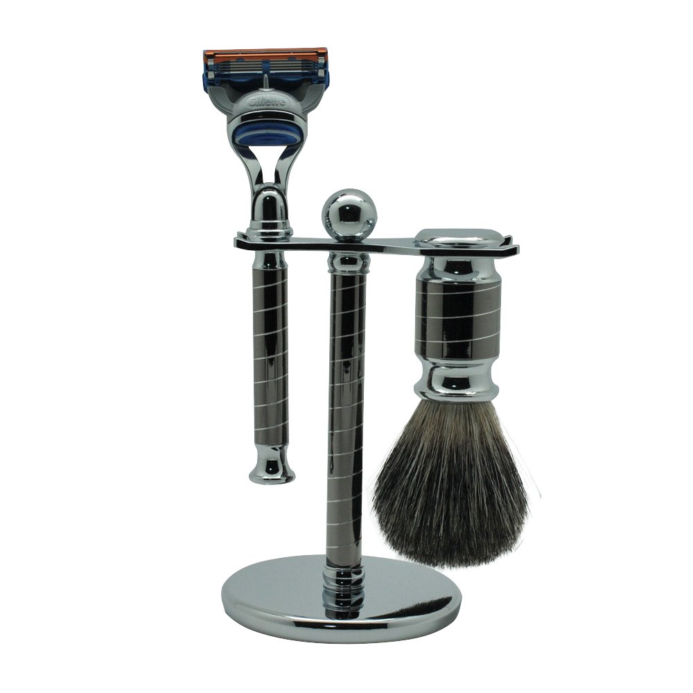 Men's 3 in 1 Shaving Set Kit Badger Shaving Brush Fusion Razor and Metal Stand