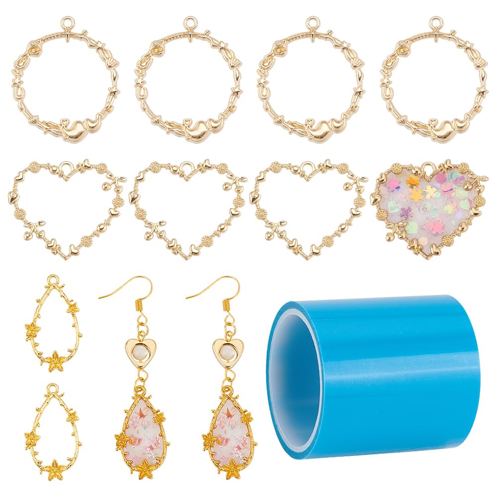 OLYCRAFT Resin Making Set - 12pcs Open Bezel Charms, Alloy Resin Frame Pendants With Seamless Paper Ribbon for Jewelry Making
