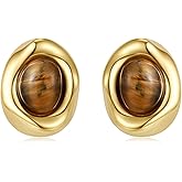 Dckazz Gold Earrings for Women Oval Stud Trendy 14K Gold Plated Black Brown Stone Earrings Hypoallergenic