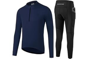 OFF PRND Men's Cycling Jersey 1/3 Zipper Cycling Set Solid Color Club Fit, Long Sleeeves Bike Jersey and Pants Zipper Pocket