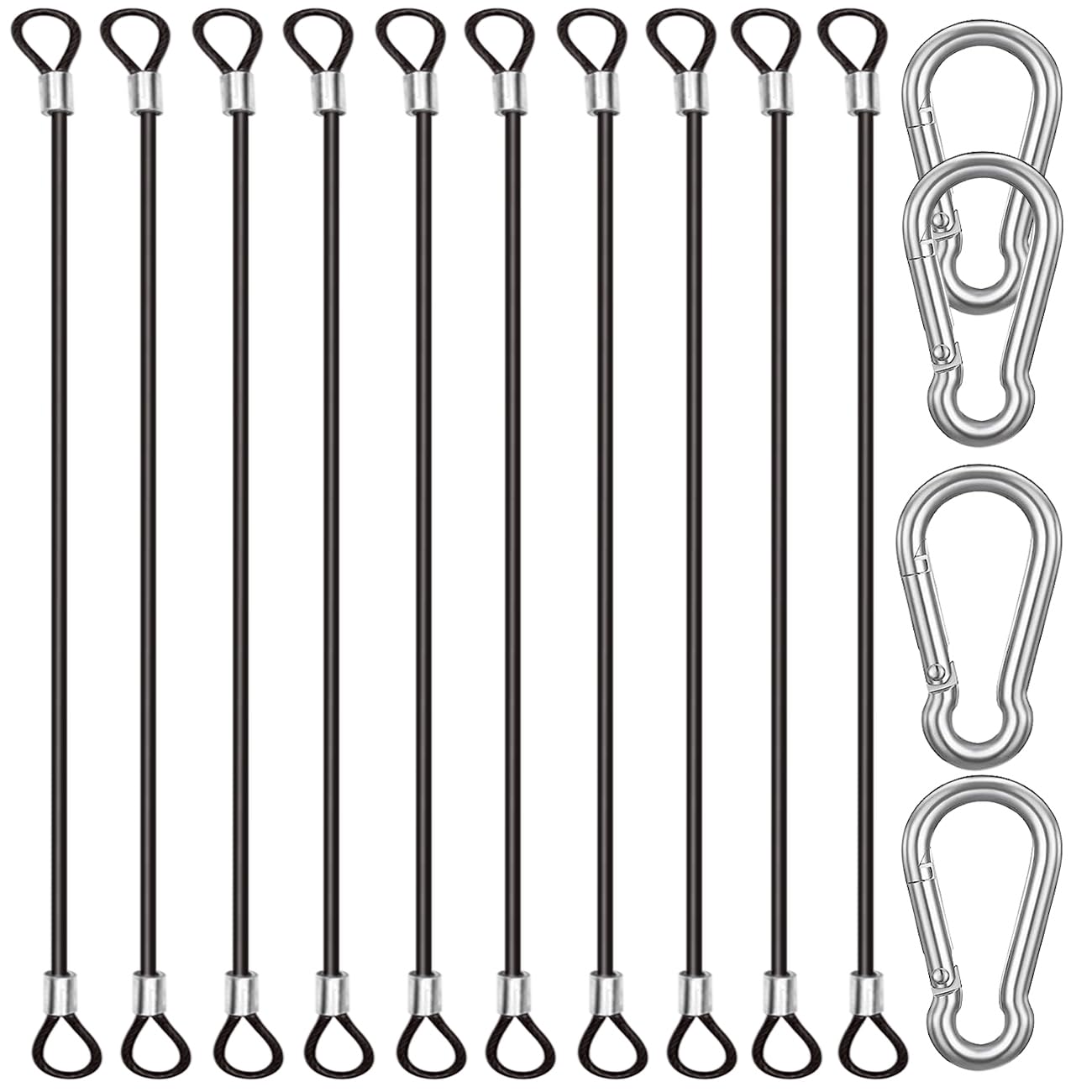 CKANDAY 10 Pack 20 Inch(50cm) Safety Stainless Steel Tethers with 4 Pcs Spring Snap Hook Clips, Steel Wire Cable with Loops Vinyl Cover Coated Short Rope Lanyard Lock Safety Tether Chains, Black — image 1