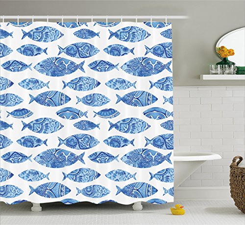 Ambesonne Blue Shower Curtain, Fish Sea Animal with Ottoman Ornate Mosaic Hand Drawn Style Marine Artwork, Cloth Fabric Bathroom Decor Set with Hooks, 69" W x 70" L, Blue White