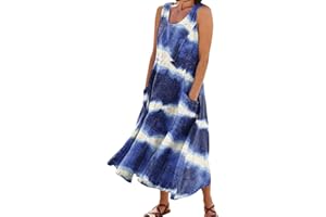 RDEGOOCHA Women 2024 Summer Tank Dress Sleeveless U Neck Printed/Solid Boho Beach Shirt Maxi Flowy Linen Cotton Dresses with Pocket