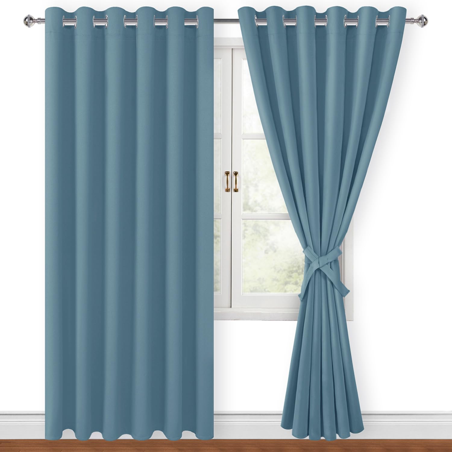 Hiasan Room Darkening Curtains for Bedroom, 70 x 84 Inches - Thermal Insulated & Energy Saving Window Drapes for Living Room/Dorm Room, Set of 2 Panels Sewn with Tiebacks, Stone Blue Image