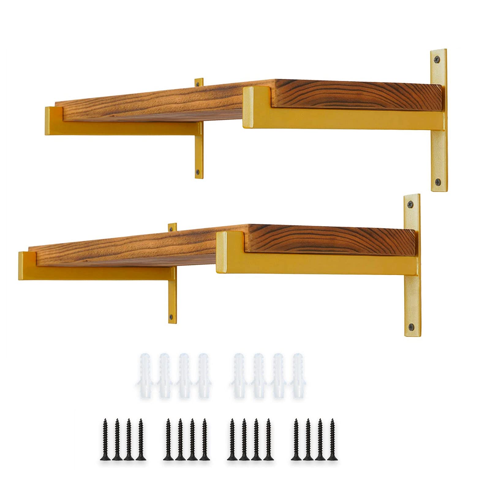 Heavy Duty 30cm Floating Shelf Brackets, T Shaped Wall Mounted Industrial Retro Metal Brackets with Lip for Wall Shelves, 4 Pack Gold