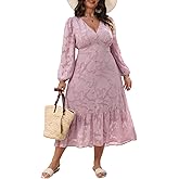 CUPSHE Women's Plus Size Dress V Neck Long Sleeve Lace Ruffled Casual Flowy A Line Maxi Formal Dress