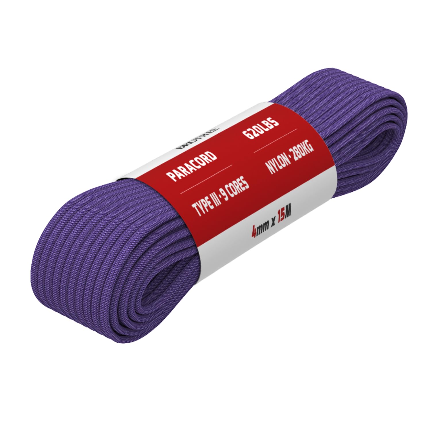 Brotree Paracord 4mm 15M 9 Strands 100% Nylon Rope Type 3 Parachute Cord for Outdoor, Bracelet, DIY - 280kg Breaking Load (Purple)