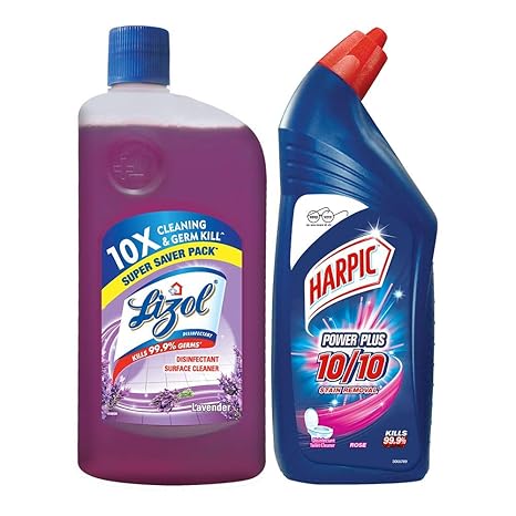 Lizol Cleaning Combo (Harpic - 1 L (Rose), Lizol - 975 ml (Lavender))