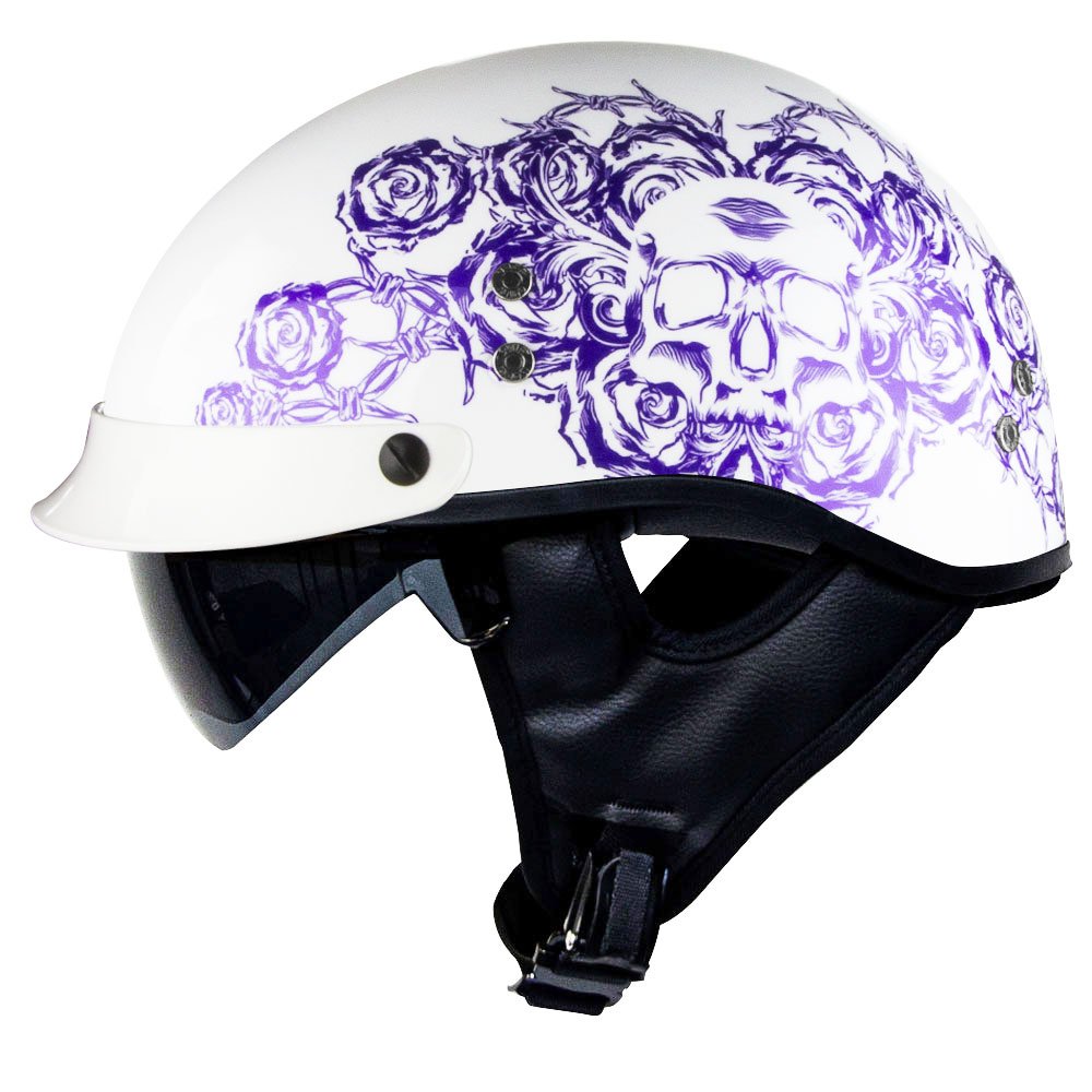 Voss 888FRP Gloss White Skull and Rose Bullet Cruiser Half Helmet with Integrated Sun Lens and Metal Quick Release