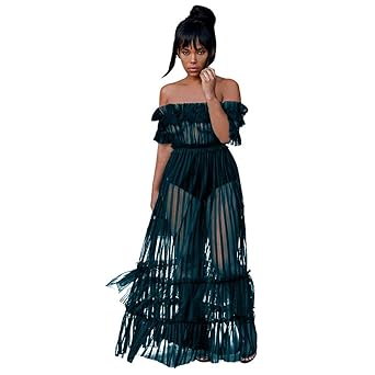 JYJM Frauen Sexy Spitze Schulterfrei Hohe Taille Ausgestelltes Mesh Club Maxi Kleid Asymmetrisches Partykleid Gardenwed Damen