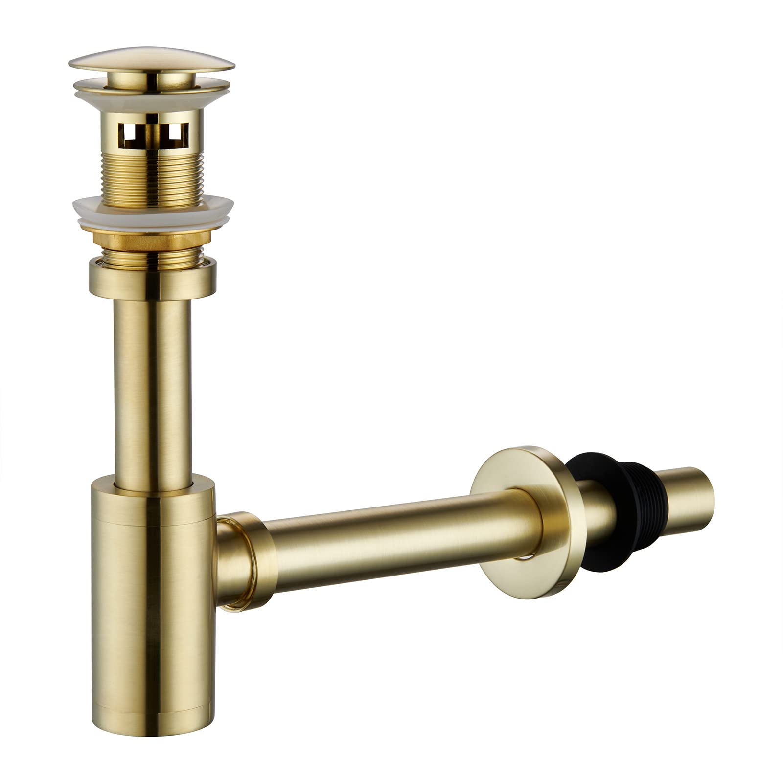 Photo 1 of Heixutas Brass P Trap with Bathroom Sink Stopper: 1-1/4 Sink Drain Round Bottle Trap Set with Overflow - Adjustable Height, Brushed Gold - Complete Basin Sink Plumbing Kit for Pipe Replacement