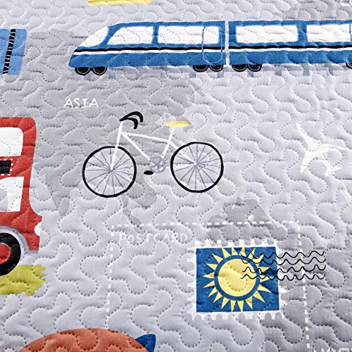 3-Piece Kid\'s Cartoon Public Transportations Quilted Bedspread Coverlet Twin(86x68 Inches),Car,Tax,Bus,Subway Printed Lightweight Quilt Set,Reversible Bedding Set for Boys Girls Children (Twin,Yellow)