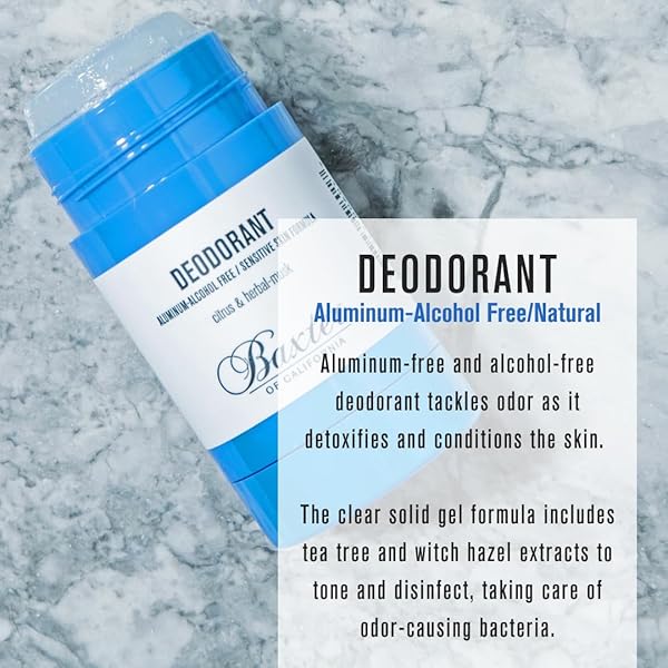BAXTER OF CALIFORNIA ALUMINUM AND ALCOHOL FREE DEODORANT, PROTECTS FROM DEODORANT STAINS, DETOXIFIES AND CONDITIONS SENSITIVE SKIN, CLEAR STICK, CITRUS AND HERBAL-MUSK ESSENCE