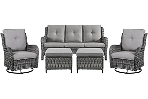 Belord 5 Piece Outdoor Patio Furniture Set - Wicker Furniture Patio Conversation Set, Outdoor Swivel Rocker Chairs with 3-Seater Sofa and 2 Ottomans for Small Space, Gray Cushion